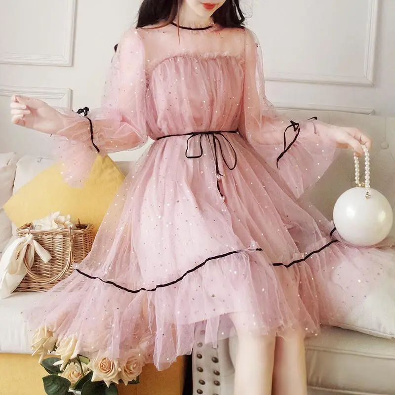 Mesh Dresses Women Patchwork Sequined Holiday O-Neck Spring Korean Style Elegant Vestido Feminino Sweet College Female Popular formal dresses Dresses