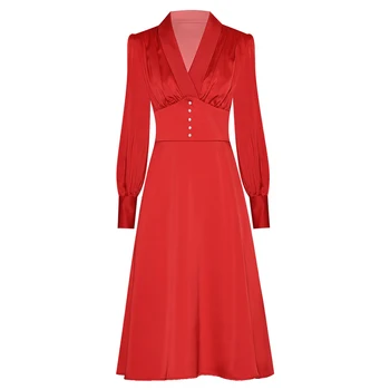 

New Fashion 2020 Designer Runway Dress Women's Long Sleeve V-neck Red Midi Dress