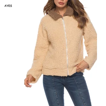 

2019 Patchwork Fleece Jacket Women Turn-Down Collar Plush Coat Female Teddy Bear Jacket Autumn Winter zipper Furry Overcoat