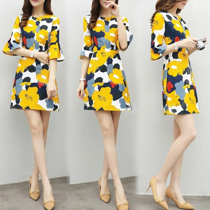 

Summer New Style WOMEN'S Dress Korean-style Versitile Fashion Elegant Slimming Hipster Floral Printed Dress A- line Skirt WOMEN'