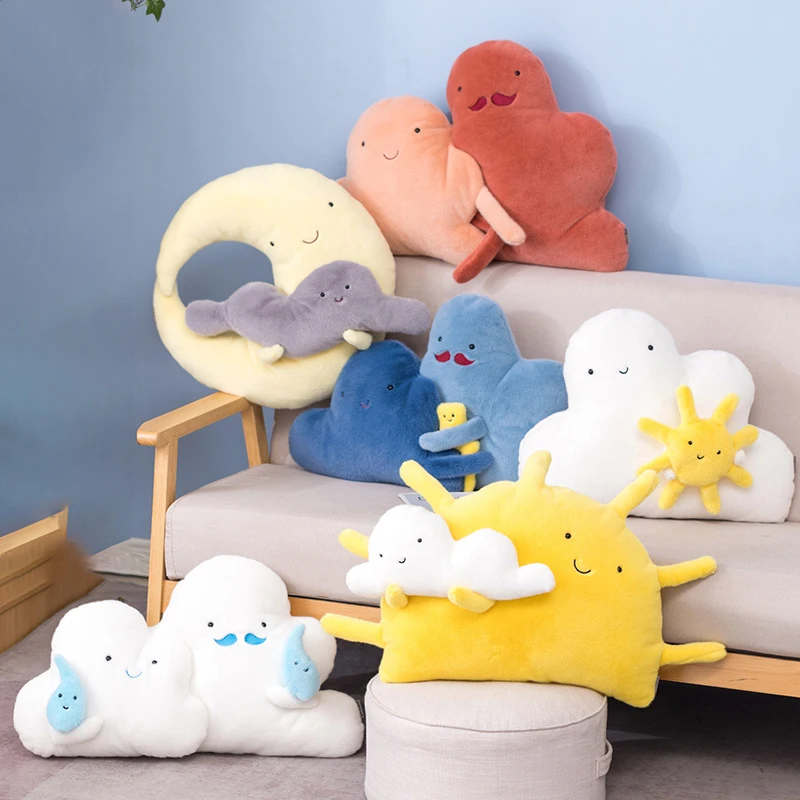 Cartoon Sun Moon Raindrop Throw Pillows Cushion Kawaii Pillow Cloud Creative Happiness Cloud Family Plush Toy Sofa Home Decor 2