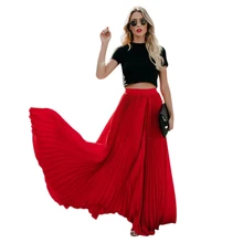 Всесезонная Женская модная винтажная длинная юбка с высокой талией, эластичная талия, однотонные Повседневные Вечерние плиссированные юбки красного цвета L