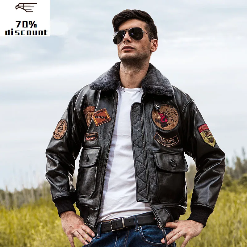 

2020 USAF Genuine G1 Leather Pilot Jacket Wool Collar Thick Cowhide Winter Russian Aviator Leather Coat Customized Plus Size XXL