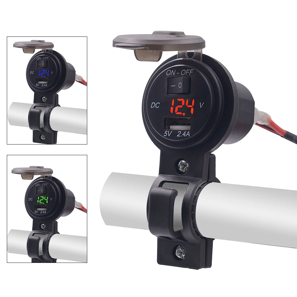 

5V/2.4A Motorcycle USB Power Socket Adapter with Switch DC 12V-24V Waterproof Phone Charger Plug Voltmeter Handlebar Mount Outle