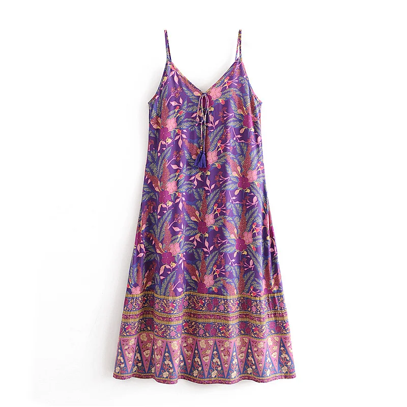 Boho сексуальное винтажное платье с цветочным принтом на бретелях средней длины