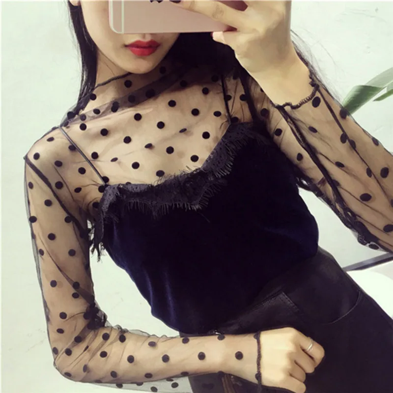 

Mesh Perspective Blouse Hot Fashion Hollow Exquisite Polka Dot Elegant Top Casual Wild Thin Ladies Blouse
