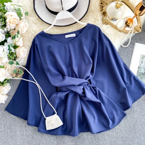 Neploe Ins, тонкая приталенная блузка на шнуровке с круглым вырезом и расклешенным длинным рукавом, одноцветная блуза, осень-весна, приталенный пуловер, Пляжная рубашка - Цвет: Dark Blue