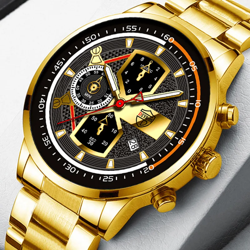 

Men's Luxury Gold Calendar Luminous Pointer Business Watch DEYROS Stainless Steel Quartz Men Sports Wristwatches Reloj Hombre