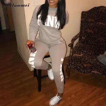 

New Sexy Casual Suit Pink Letter Print Women Top And Long Pants Sweatshirt Winter Sport Casual Two Piece Tracksuit Sweatshirt