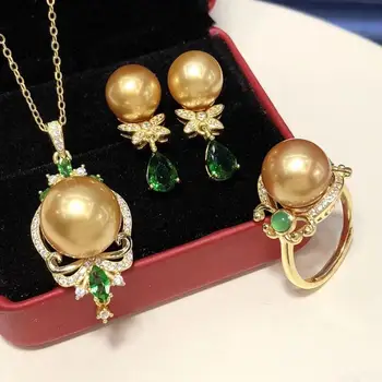 

D429 Pearl Set Fine Jewelry 925 Sterling Silver Round 9-12mm Natural Fresh Water Golden Pearls Jewelry Sets for Women Presents
