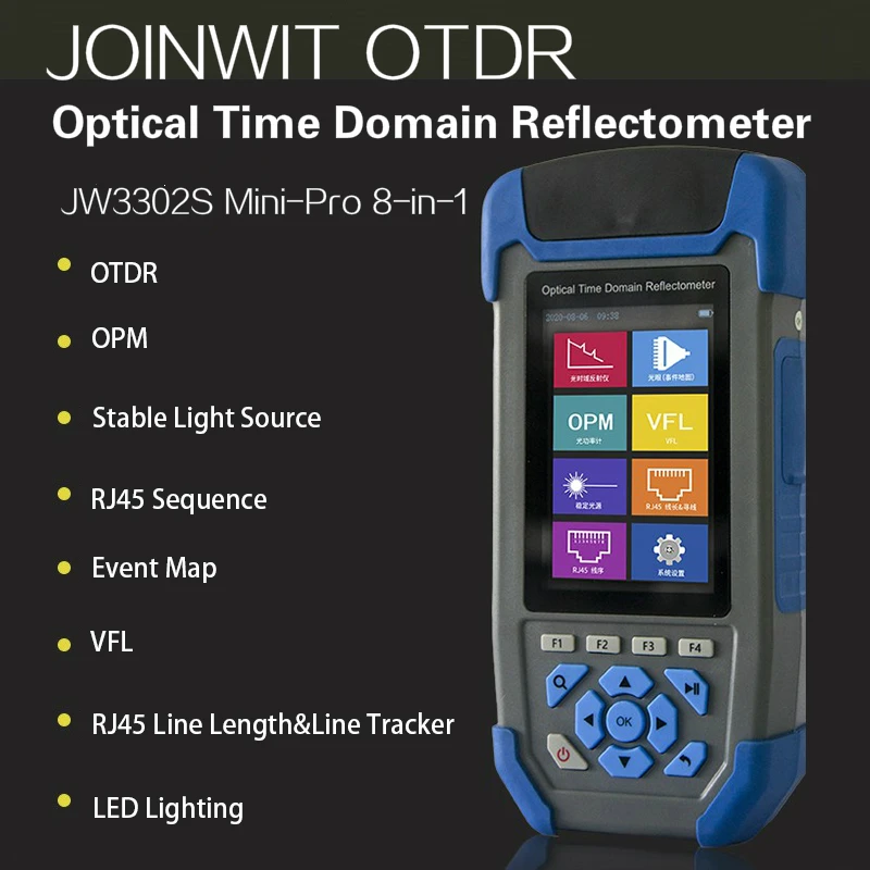 JOINWIT JW3302S 8-в-1 Мини OTDR 1310nm/1550nm 22/20dB + КПМ Встроенный 10 мВт VFL RJ45 карта событий