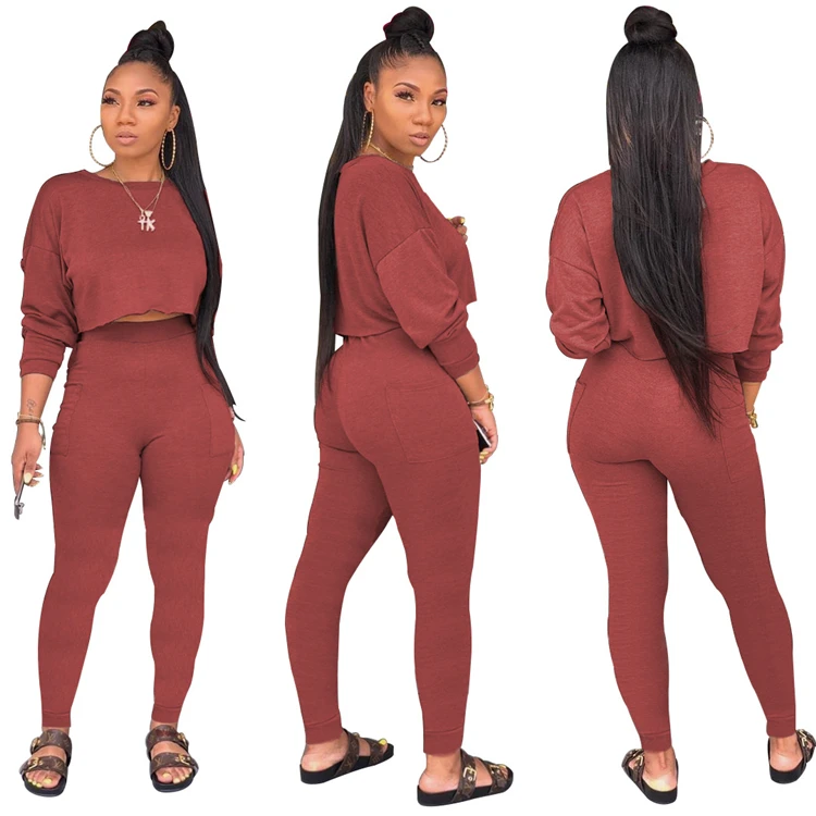 A080516 best price round neck solid candy color crop top pocket high waist ladies pants 2 piece sets