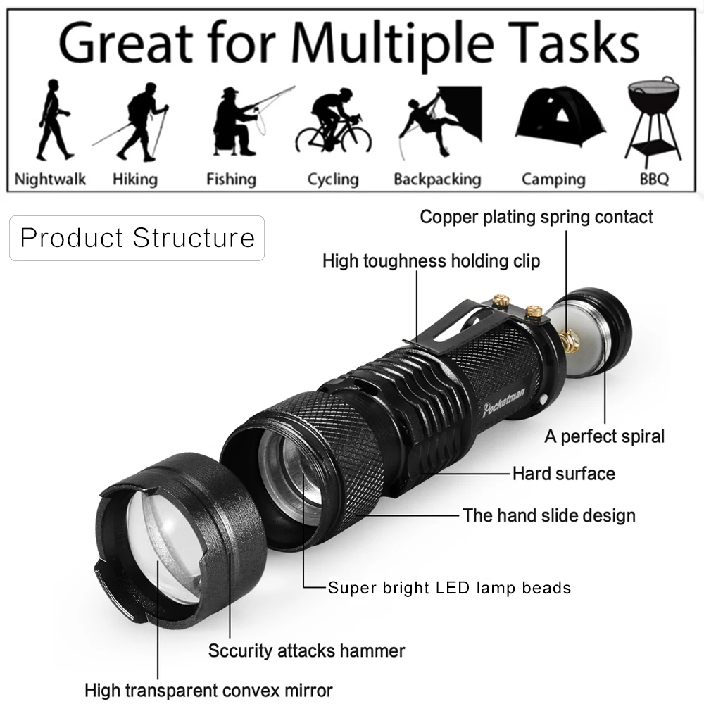 Mini Led flashlight Super Bright torch Q5/T6/L2 linterna led lanterna 8000LM Zoomable fishing Camping Bicycle Light 14500/18650