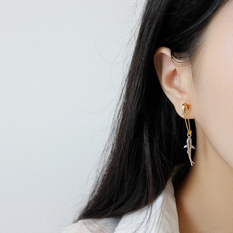 F.I.N.S 1 PC Korean 925 Sterling Silver Earring Only One Piece Single Shark Pin Drop Earrings Personality Female Earrings