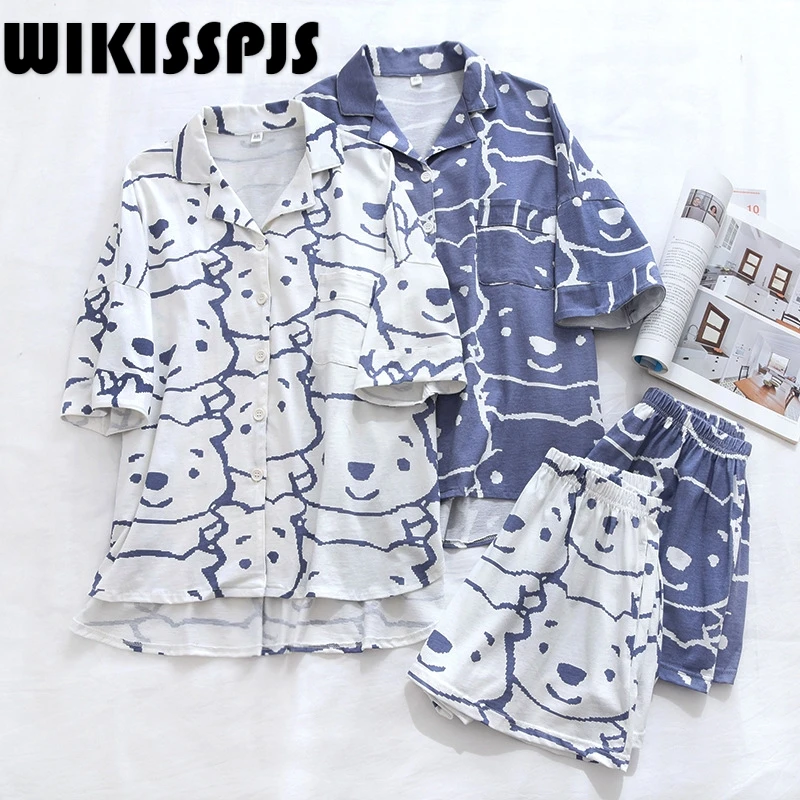 

WIKISSPJS 2022 Summer New Short Sleeve Cartoon Bear Print Thin Home Clothes Loungewear Pajama Set Two Piece Set Summer