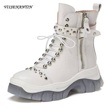 

Rivets Autumn Winter Genuine Leather Lace-up Short Women Boots Thick Sole Height Increase Metal Decor Belt Buckle Fashion Shoes