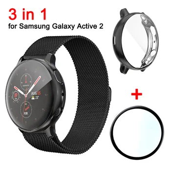 

3 in 1 For Samsung Galaxy Watch Active 2 40mm 44mm Strap Stainless Steel Magnetic Watch Band Bracelet+TPU Case Cover+Screen Film