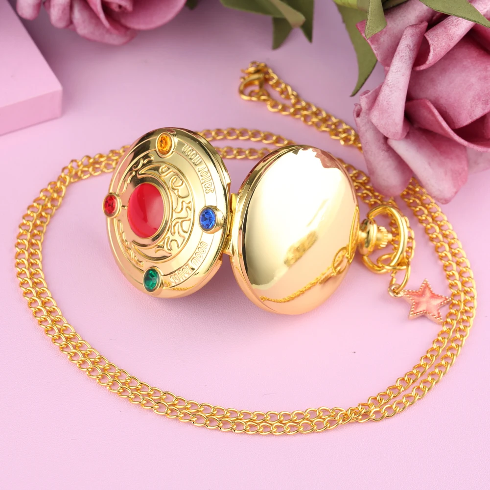 Attractive Sailor Moon Dial Clock for Female Red Star Pendant Pocket Watch Slim Chain Necklace for 4