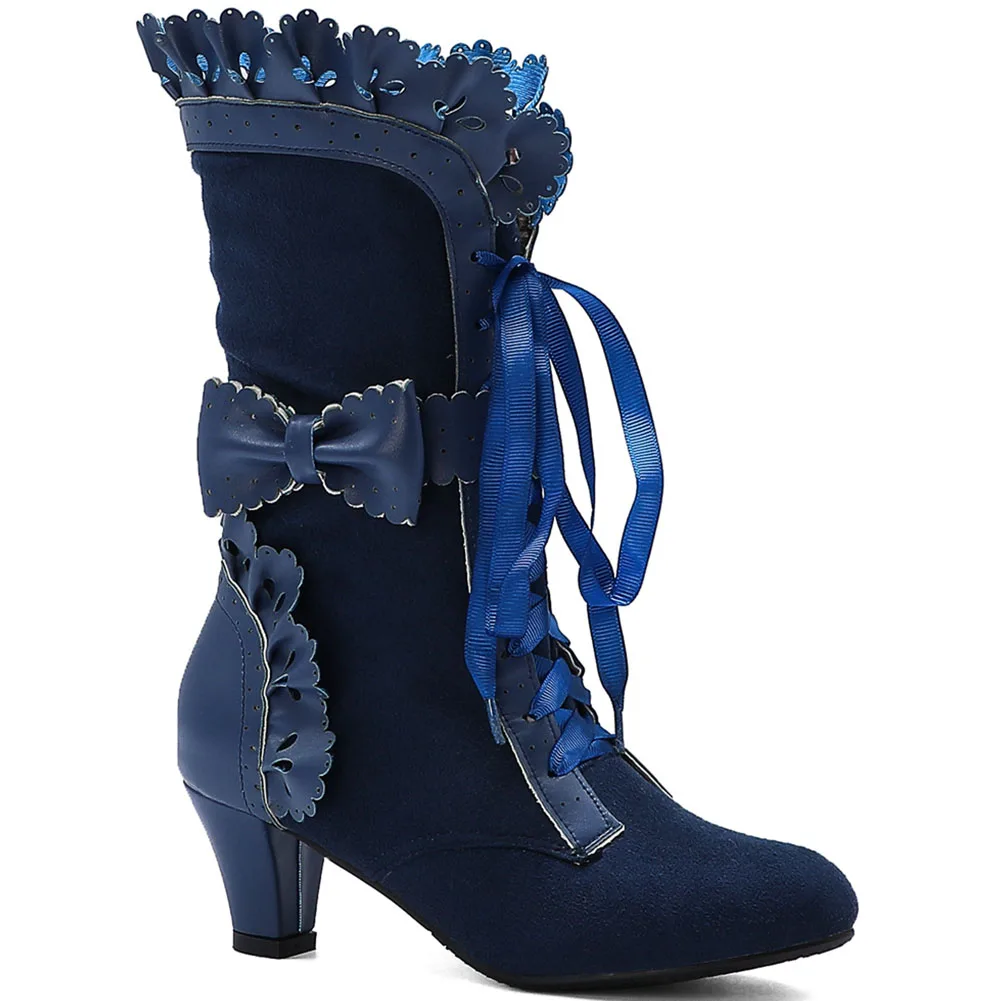 Brand New Big Size 43 Sweet Bowknot Ruffles Med Heels Shoelace Gothic Lolita Style Mid Calf Boots Women Shoes 