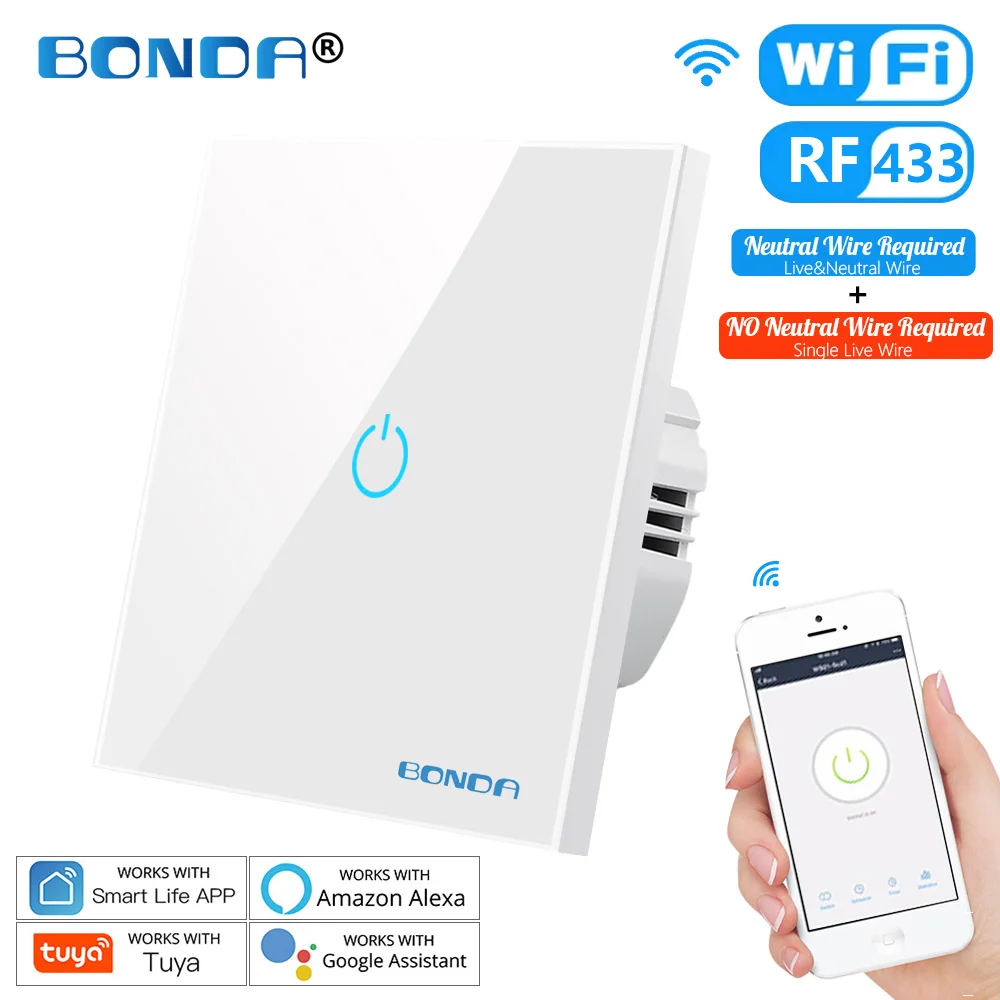 Умный сенсорный выключатель BONDA Tuya с Wi-Fi не требует нейтрального