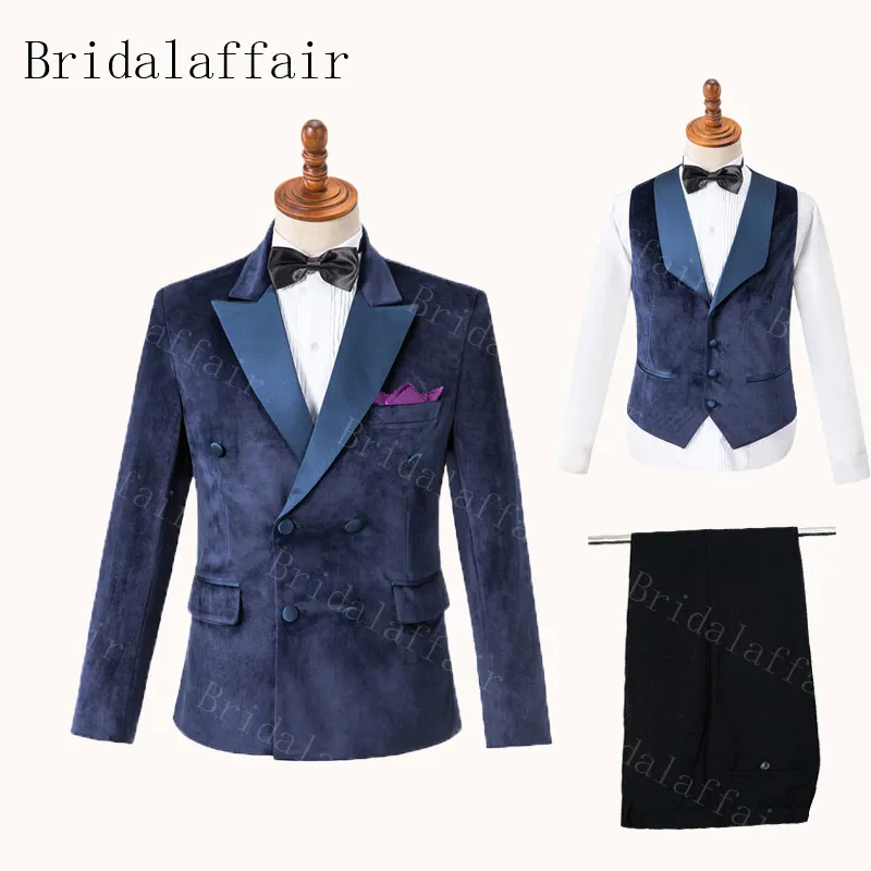 navy blue Bridalaffair блестящий черный нагрудный Красный Бархатный смокинг для мужчин Свадебный вечерний костюм костюмы жениха уникальная отделка Ves(пиджак+ брюки+ жилет - Цвет: navy blue
