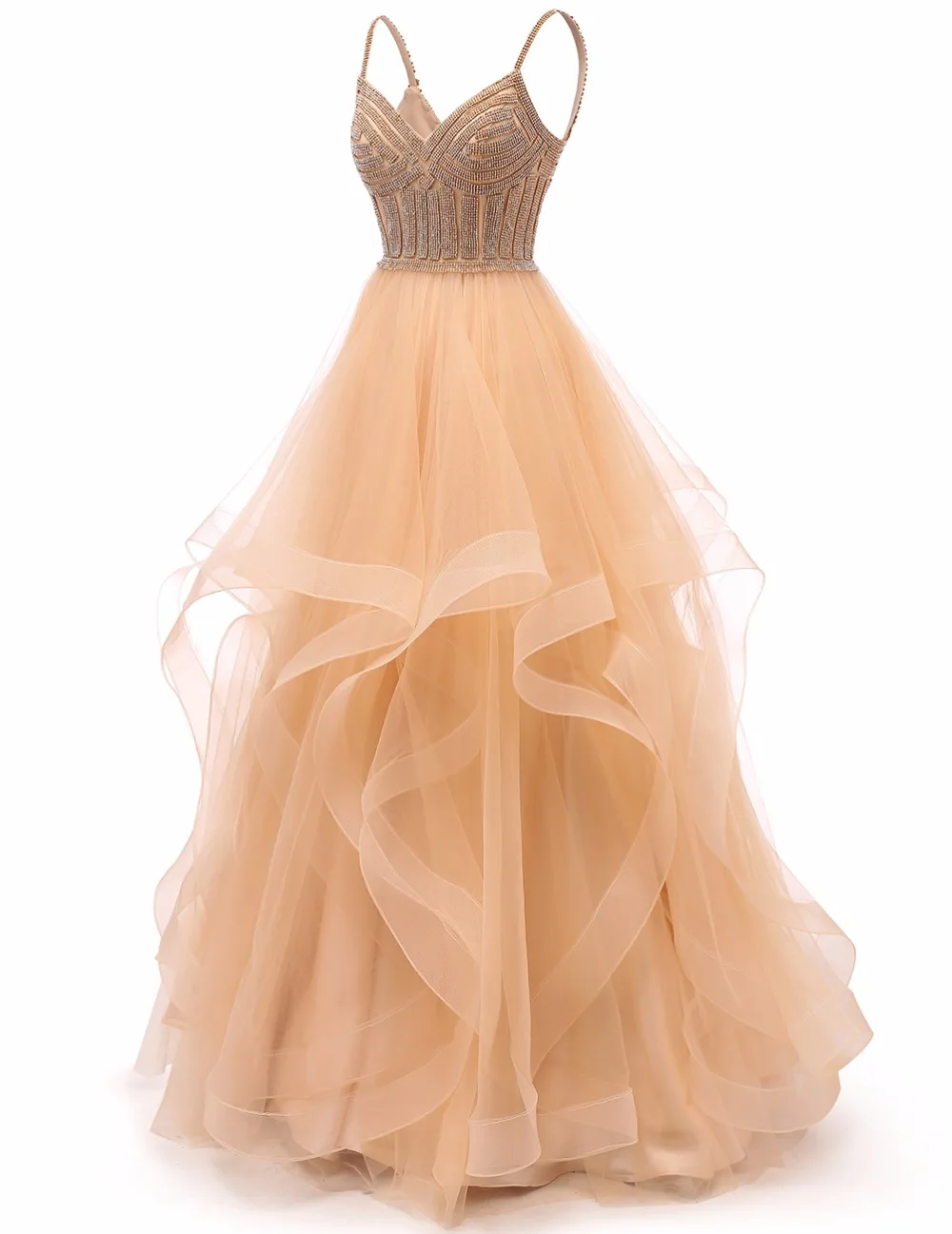 Vkbridal цвета шампанского золото Многоуровневое Тюлевое вечернее платье Длинные бальные платья кристаллы на шнуровке длинное формальное выпускное платье ремни - Цвет: Шампанское