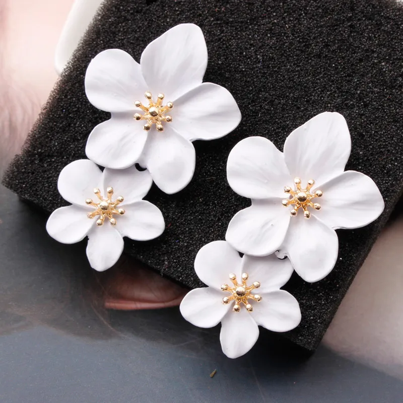 Drop Earrings Korean Big Double Flower For Woman Summer Beach Party Metal Statement Ear Boho Fashion Jewelry Girl Gift,dangle earrings,drop earrings,flower earrings,long earrings