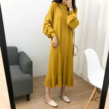

High Quality Half-high Collar Ruffle Long Sleeve Knit Dress Female Wild Loose Slim Long Paragraph Bottoming Sweater Dress f2451