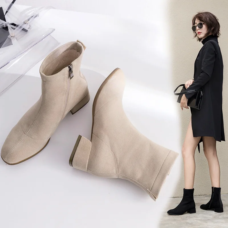 

Single Boots Short Boots Woman With Zipper Square Boots With