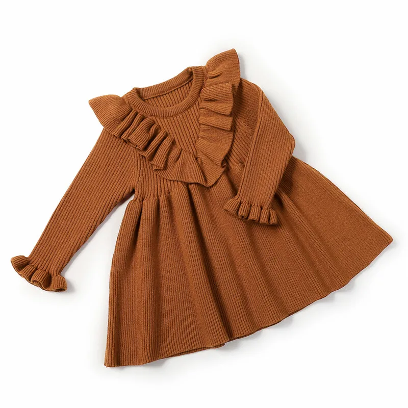 Осенне-зимние платья для маленьких девочек теплое вязаное платье для малышей, платье для младенцев вязаный свитер Детские платья для девочек от 0 до 3 лет - Цвет: brown