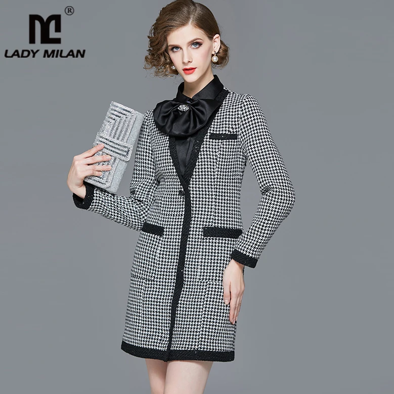 

Women's Runway Dress Turn Down Collar Beaded Bow Plaid Printed Elegant Designer Short Dress