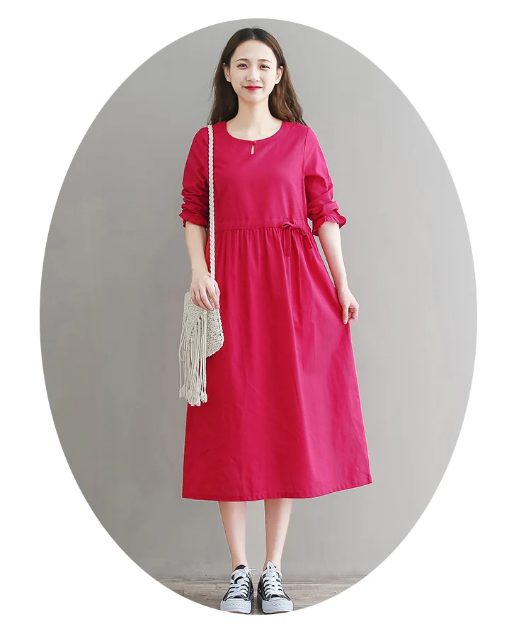 Новое поступление осенне-весеннее женское длинное платье короткое с круглым вырезом красное темно-синее Vestidos Longo винтажное хлопковое льняное элегантное платье с карманами