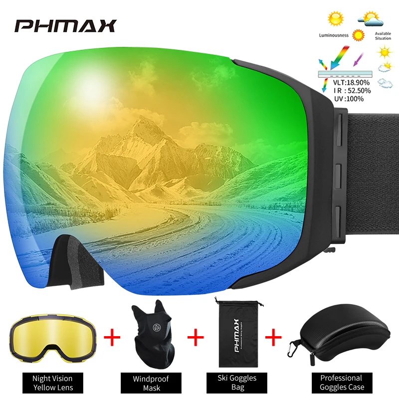 PHMAX лыжные очки зимние магнитные двухслойные анти туман снежные защитные для