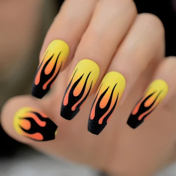 Fire Nails Matte Black Yellow Press on False Nails Extra Long Coffin Ballerina Frosted Glue On Fingersnails Free Adhesive Tapes 1