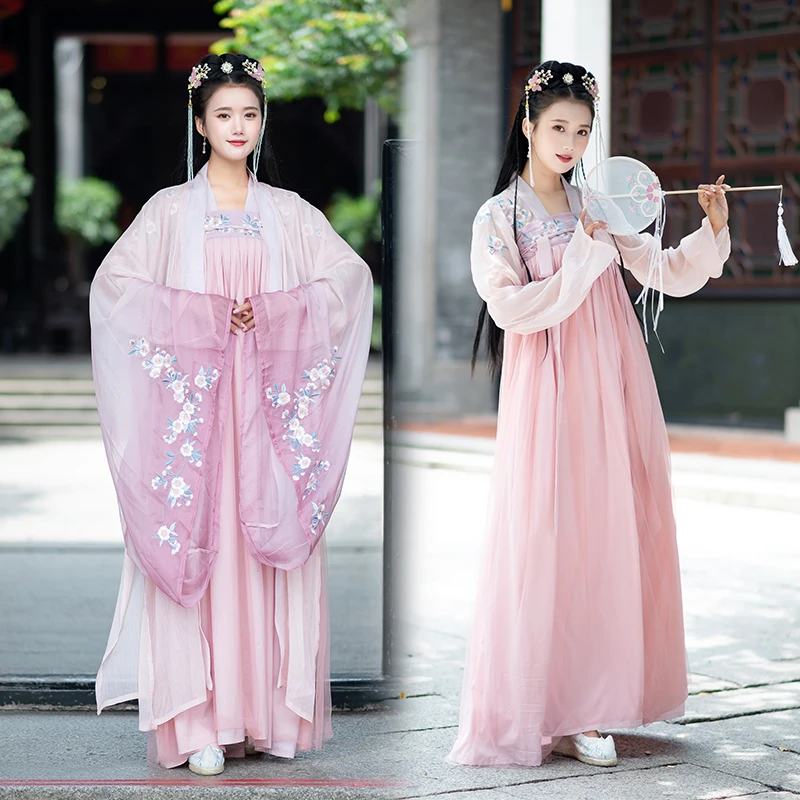 

Женская летняя традиционная юбка Hanfu с цветочной вышивкой на груди, повседневная одежда в супер сказочном китайском стиле, платье Вей Цзинь ханьфу