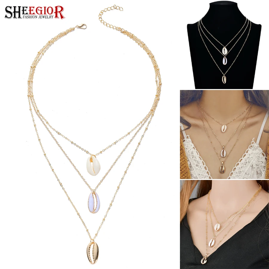 

Bohemia Tricolor Sea Shells Pendant Necklaces For Women Metal Shell Sexy Fine chains Choker Necklace Trendy Summer Beach Jewelry