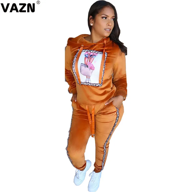 VAZN CQ5275, новинка, Лидер продаж, повседневные спортивные костюмы для молодых людей, модные длинные штаны с длинными рукавами, эластичные плотные тонкие женские комплекты из 2 предметов - Цвет: Оранжевый