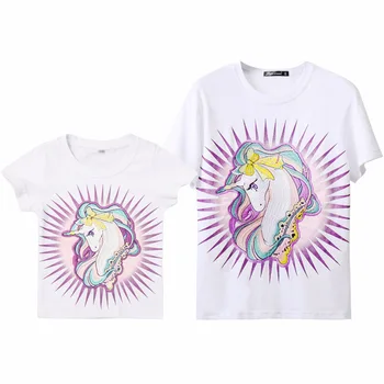 

Mother Daughter Tshirt Clothes Unicorn Embroidery Family Matching Outfits Summer Mommy and Me Clothing T Shirt Short Sleeve