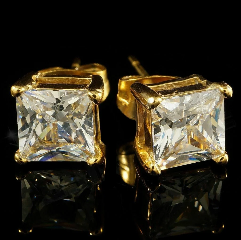

Luxury Gold Princess Cut CZ Stud Earrings Motorcycle Party Hip Hop Iced Out Earrings Cocktail Party Women Men's Earrings Jewelry