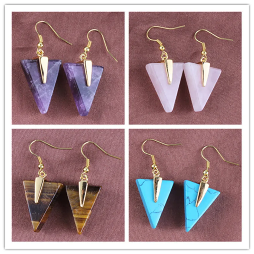 

Trendy-beads Light Yellow Gold Color Rose Pink Quartz Triangle Shape Dangle Earrings Green Turquoises Stone Jewelry
