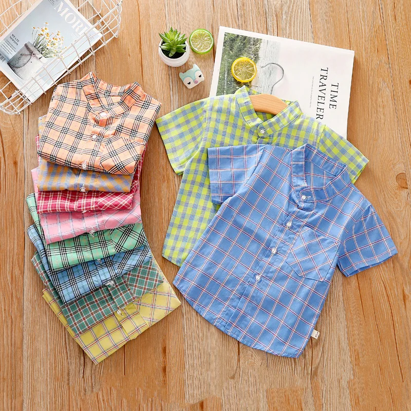 

Pure Cotton Toddler Kids Baby Boy Girl Plaid Shirt Mandarin Collar Short Sleeve Cotton Tops Shirt Children Checked Clothes 2020