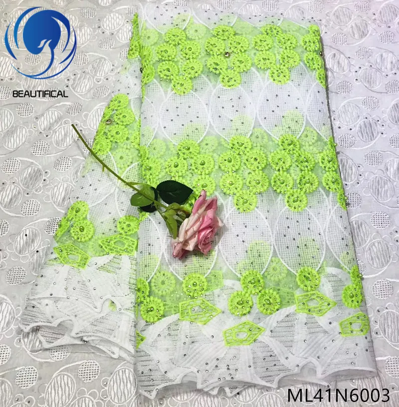

BEAUTIFICAL african lace fabrics cyan tulle mesh lace fabric with stones and beads Hot sale nigerian net lace 5yards ML41N60