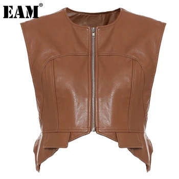 [EAM] Women Loose Fit Irregular Pu Leather  Zipper Vest New Round Neck Sleeveless Fashion Tide Spring Autumn 2021 1DD0726 1
