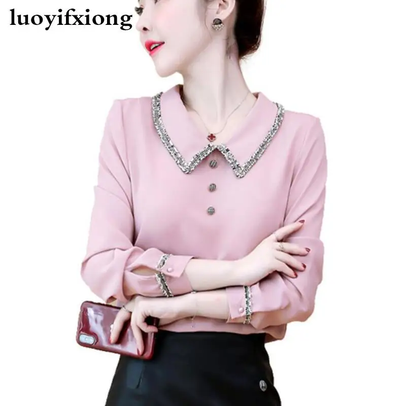 Women Blouses Fashion Peter Pan Collar Long Sleeve Chiffon Blouse Women Shirts Korean Plus Size Casual Womens Tops and Blouses