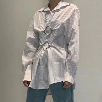 

SONDR 2020 Autumn New Slimp Striped Casual loose Shirt For Female Lapel Collar Metal Button Long Sleeve Korean Shirts Women