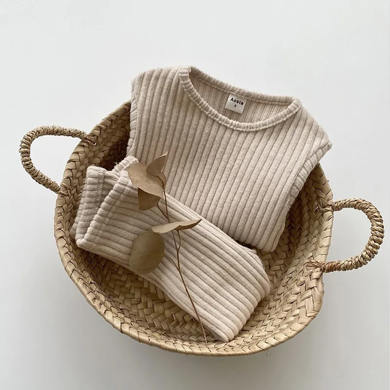 Autumn Winter Baby Boys And Girls Clothes Set Ribbed Sweater Bottom Shirts And Pants Suit Children's Clothing 2 Piece Set
