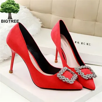 

BIGTREE Rhinestone Square Buckle Ladies High Heels Pointed Toe Women Shoes Solid Flock Shallow Office Work Pumps For Woman