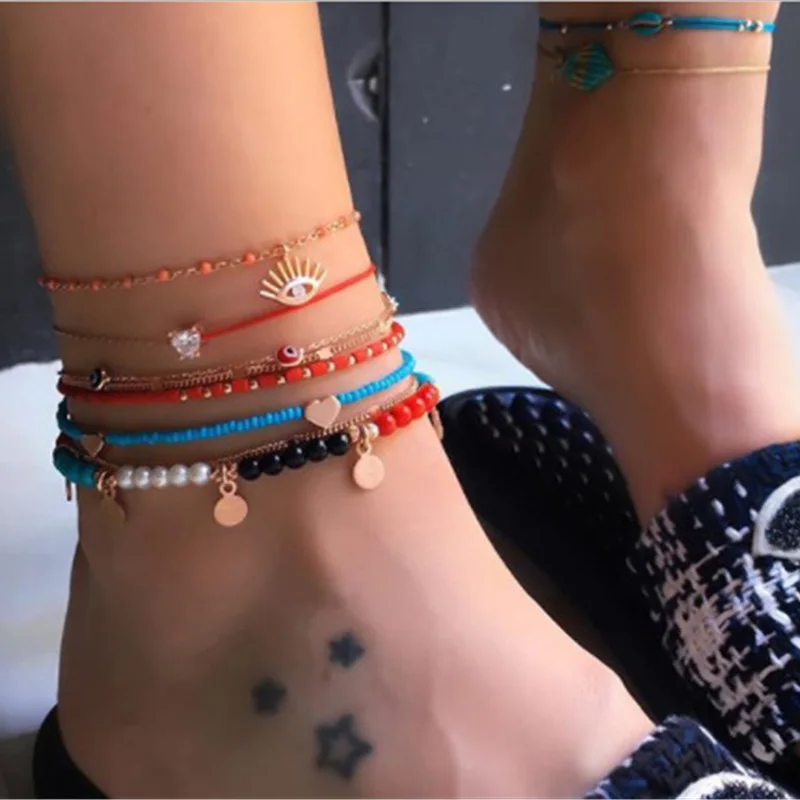 Bohemian Beaded Ankle Bracelets Set Multilayer Rhinestone Evil Eye Charm Chain Women Anklet Foot Jewelry Gift 6Pcs | Украшения и