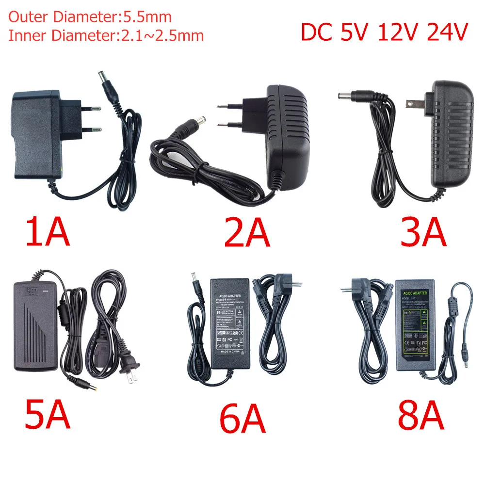 Power Adapter Supply 2.1~2.5mm*5.5mm LED Light Transform AC110V/220V To DC 5V 12V 24V Charger 1A 2A 3A 4A 6A 10A For Strip CCTV