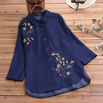 

Women's Denim Blue Shirts 2020 ZANZEA Stylish Embroidery Tops Casual Long Sleeve Work Blouse Asymmetrical Tunic Plus Size S-5XL